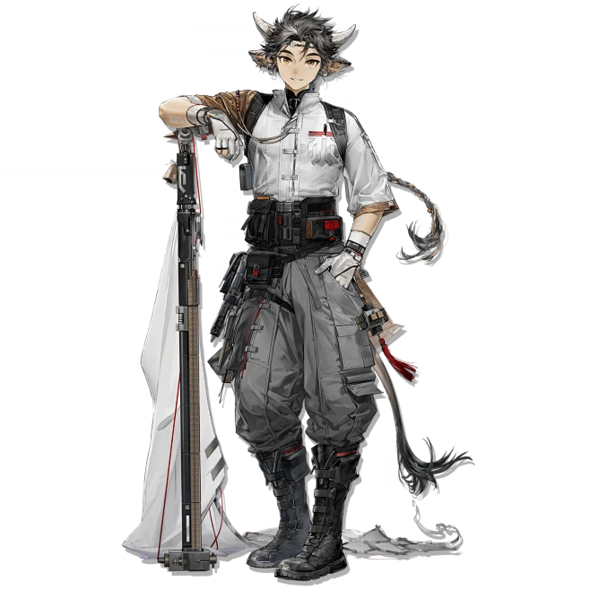 a digital illustration of a young man with horns, dressed in a white and gray military uniform. he is holding a rifle and a flag and is posed against a black background.