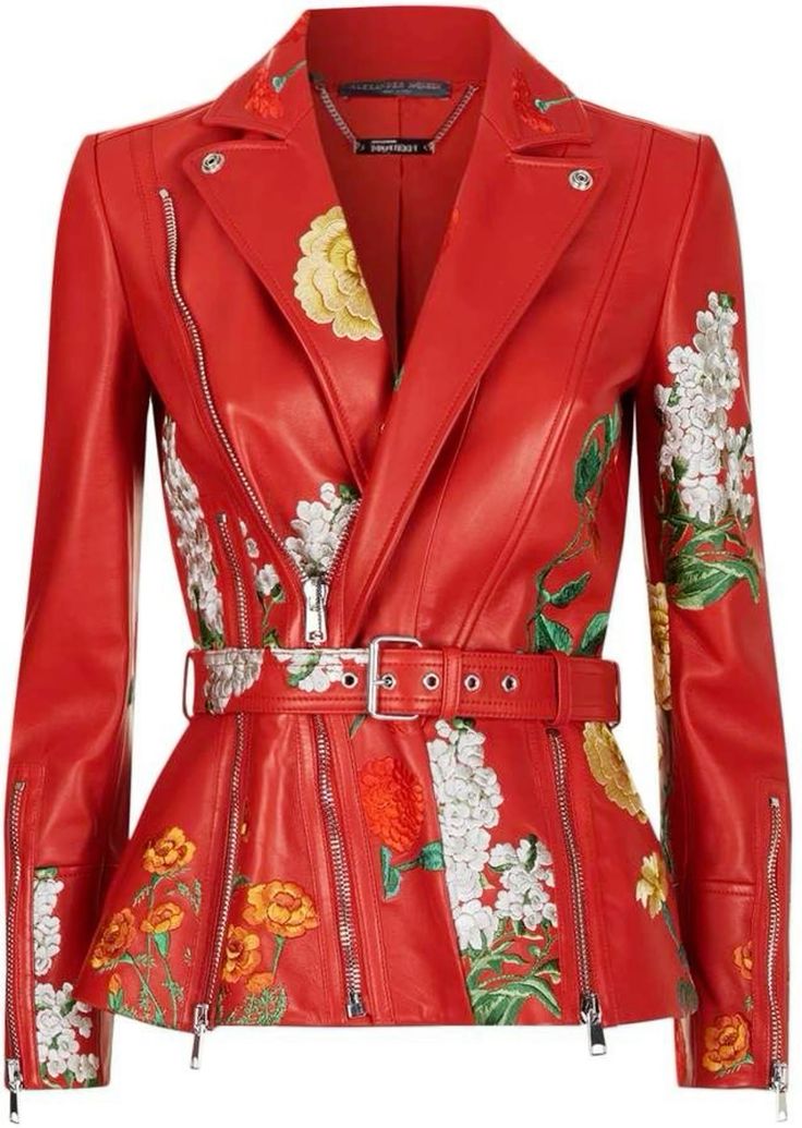 a red leather jacket with floral embroidery, zipper detailing, and a belt. the jacket has a fitted silhouette and is adorned with delicate floral motifs that add a touch of femininity to the edgy design. the zipper accents add a sporty element, while the belt cinches the waist for a flattering fit. the jacket is perfect for adding a statement piece to any outfit.
