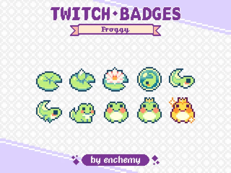 the image showcases a set of pixel art badges designed for twitch, themed around a frog and its lifecycle. the badges include various depictions of frogs, tadpoles, lily pads, and a frog wearing a crown. the art style is reminiscent of classic video games, with a limited color palette and a pixelated aesthetic.