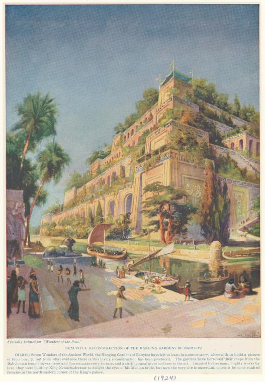 this is a painting titled "beautiful reconstruction of the hanging gardens of babylon." it depicts a multitiered structure with lush greenery and trees growing on each level. the architecture appears ancient, with large rectangular buildings and arched doorways. a body of water is visible in the foreground, with several boats and people along the banks. palm trees add to the scene, and people are depicted walking along the water. the painting aims to recreate the hanging gardens based on historical descriptions and evidence. a year is included, (1924).
