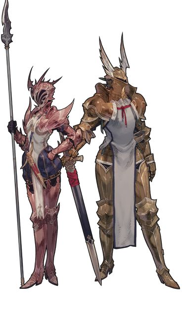 the image showcases a detailed illustration of two knights, one female and one male, depicted in a fantasy setting. both figures are clad in ornate armor, the female knight in pinkish hues and the male knight in a goldenbrown armor. the female knight holds a spear, and a sword rests beside the male knight. their attire and weaponry suggest a medieval or fantasy context. the style of the illustration is reminiscent of digital painting or game art, characterized by rich detail and a sense of dynamism. they are standing close together and seem to be working together.