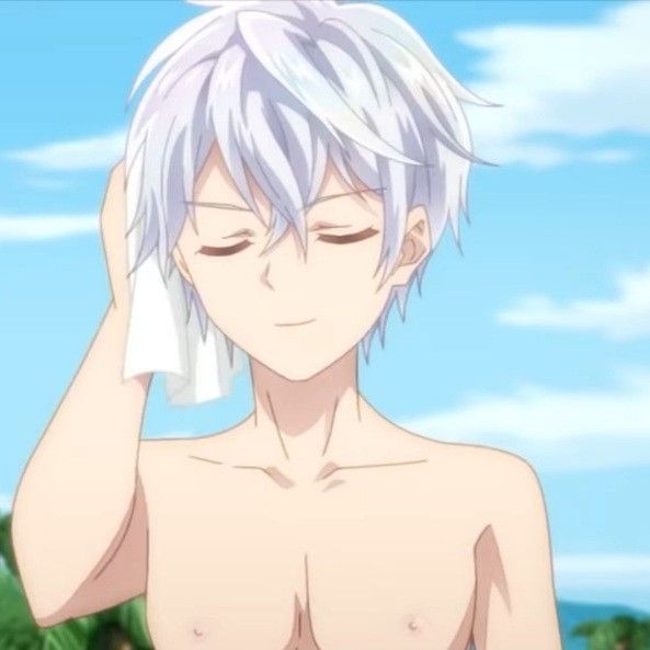 an anime boy with white hair and blue eyes is standing on the beach, smiling. he is shirtless and has a towel wrapped around his head. he is looking down at the beach and smiling happily. the background is a blue sky with white clouds.