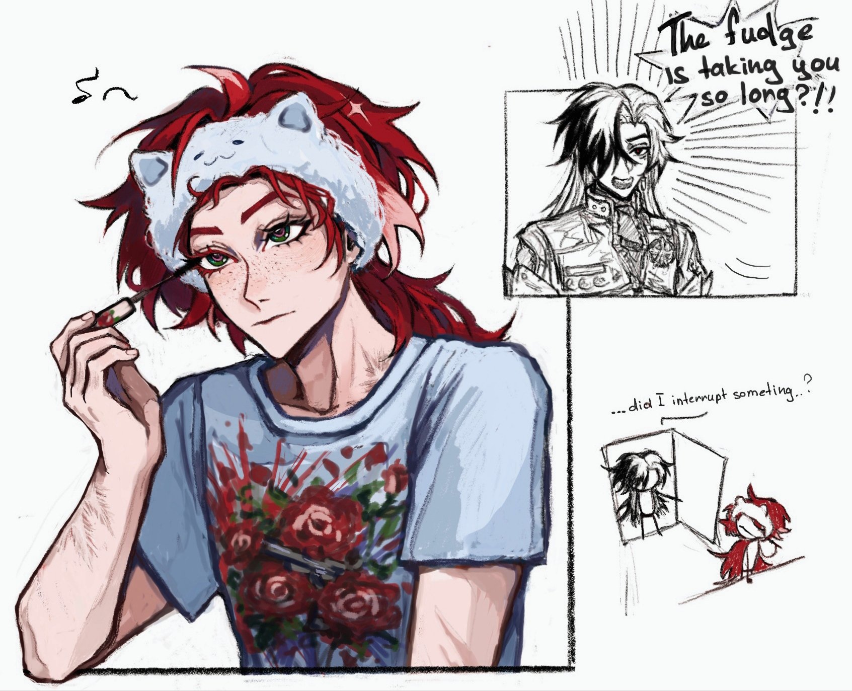 he image is a digital fanart depicting a young man with long red hair wearing a light blue tshirt with a rose print and a white cat ear headband. he is applying mascara, looking intently at the mirror.  there are comicstyle speech bubbles throughout the illustration. one shows an impatient character asking about the time it's taking, while another shows a character peeking in, seemingly interrupting the first. the overall style is expressive and vibrant.