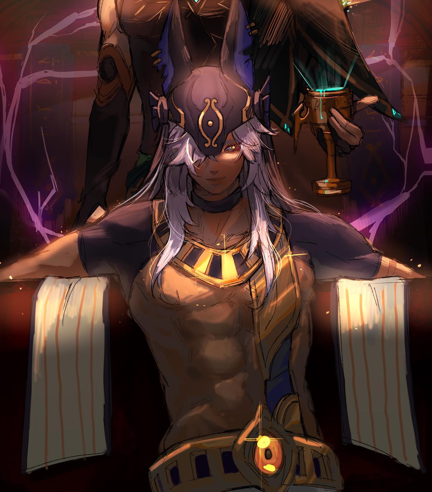 the image is a piece of digital fanart depicting an anthropomorphic character, possibly a deity or priest, with a jackal head adornment. the character has long, white hair and tan skin, and is dressed in elaborate gold and brown attire reminiscent of ancient egyptian clothing, including a collar and a cuirass. they are seated, and appear regal and powerful.  the background is dark and dramatic with glowing purple accents, enhancing a mysterious and ritualistic atmosphere. another figure, partially obscured and dressed in darker robes, is visible in the background, holding a glowing cup, suggesting a scene of ceremony or ritual. the style is animeinfluenced, with detailed rendering of the character's anatomy and clothing. the overall tone of the art is mystical and evocative.