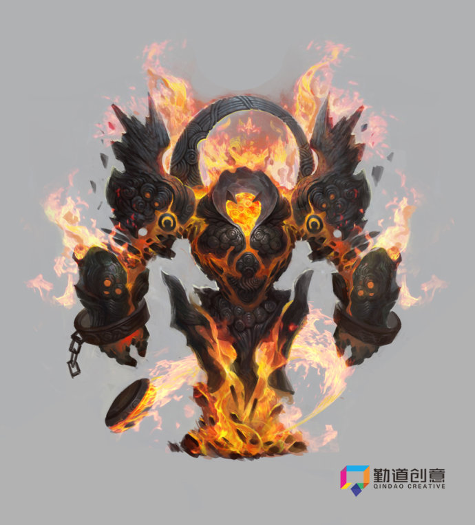 this image shows a creature concept art. the creature appears to be a golem made of dark stone with molten cracks filled with bright fire throughout its body. it has large wings that look like they are made of cooled lava. the creature has large shackles on its wrists that end in fire, as if recently broken. it is surrounded by fire, and its chest features a circular opening with bright fire visible inside.  the background is a plain light gray.