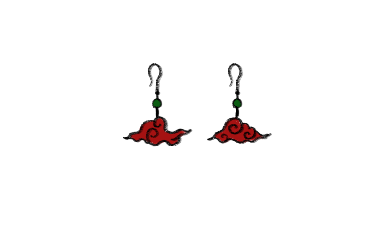 the image shows a pair of akatsuki cloud dangle earrings. they have a green bead connecting the hook to the red cloud. the clouds have a black outline and swirling details within.