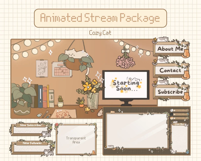 the image showcases a "cozy cat" themed animated stream package designed for a platform like twitch. it features a warm color palette with soft browns and pinks. the package includes a "starting soon" screen with a cat lounging in a hanging planter amidst a cozy room setting filled with plants and books.  additional elements include "about me", "contact", and "subscribe" buttons, as well as animated notifications for new subscribers and followers. the design emphasizes a cute and inviting aesthetic, ideal for a streamer focused on creating a relaxed and welcoming atmosphere.