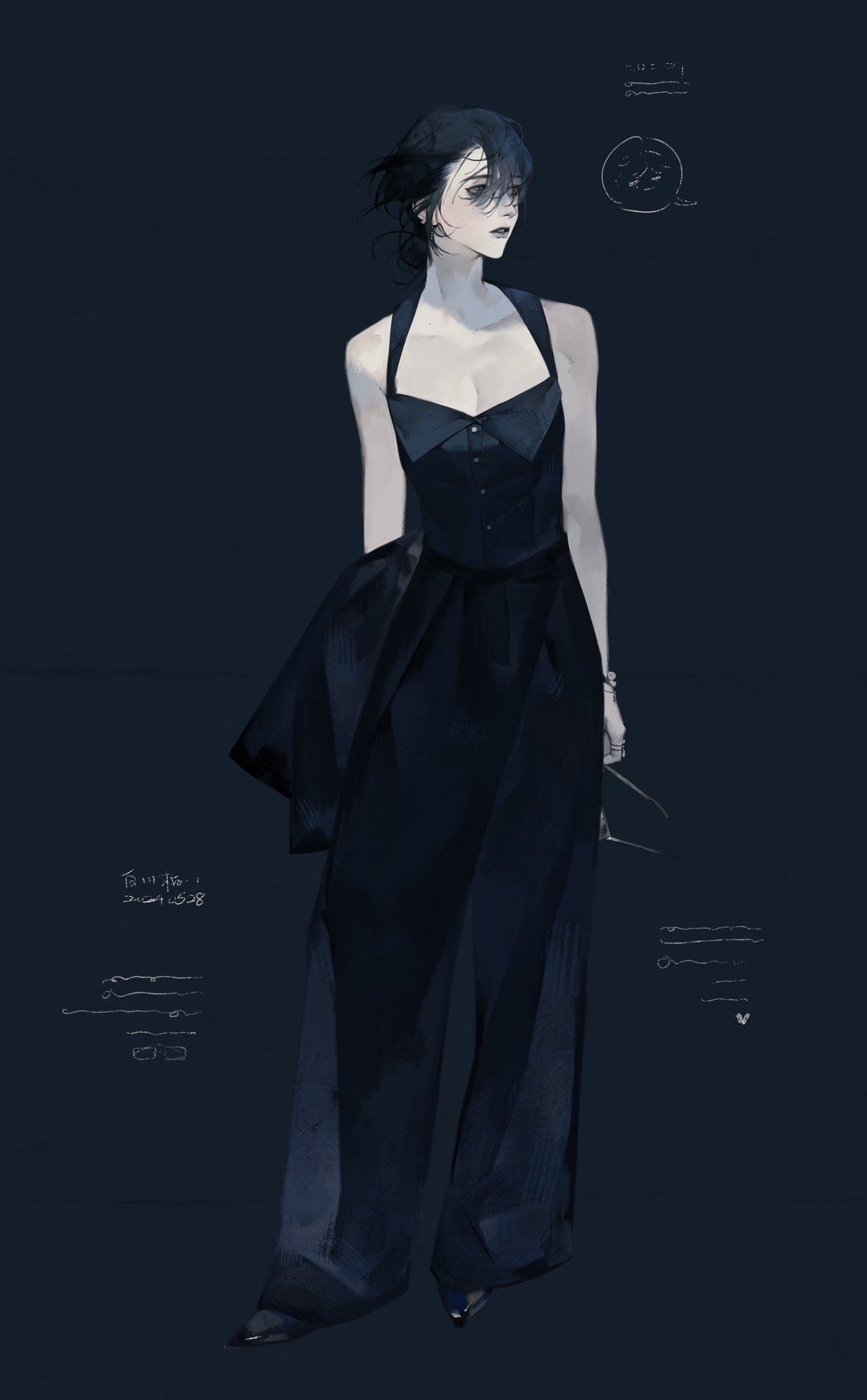 this image is an illustration of a young woman with long black hair. she has blue eyes and is wearing a stylish black outfit and is posed elegantly standing in a room. the image is drawn in a digital art style.