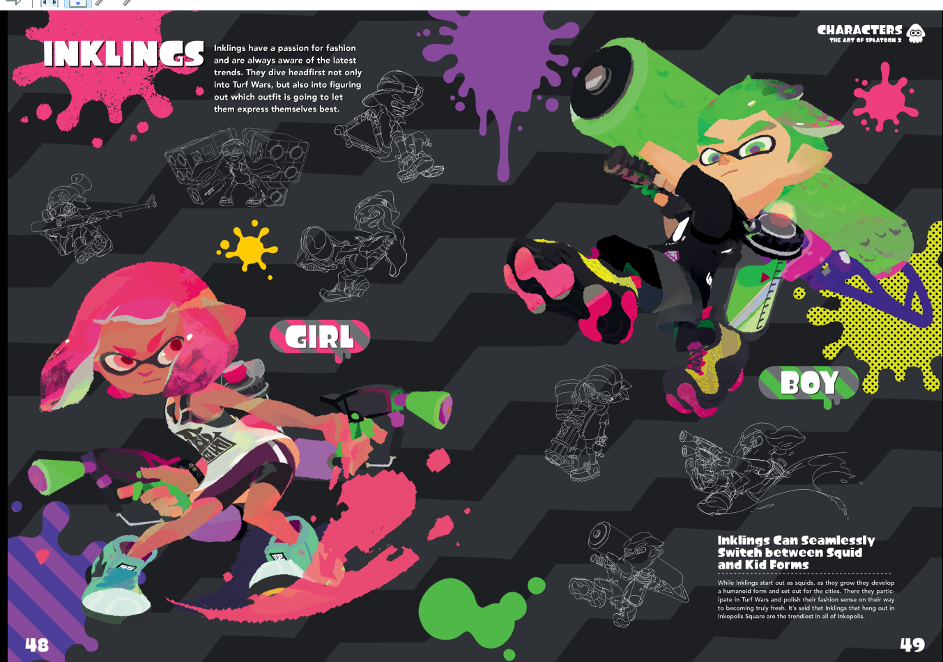 this is a page from the art of splatoon 3 book. the page features information about the inklings, the main characters in the splatoon video game series. the page is split into two sections, one for the girl inklings and one for the boy inklings.  the text describes the inklings' love of fashion and their ability to switch between squid and kid forms. the illustrations show off the inklings' unique style and personality.