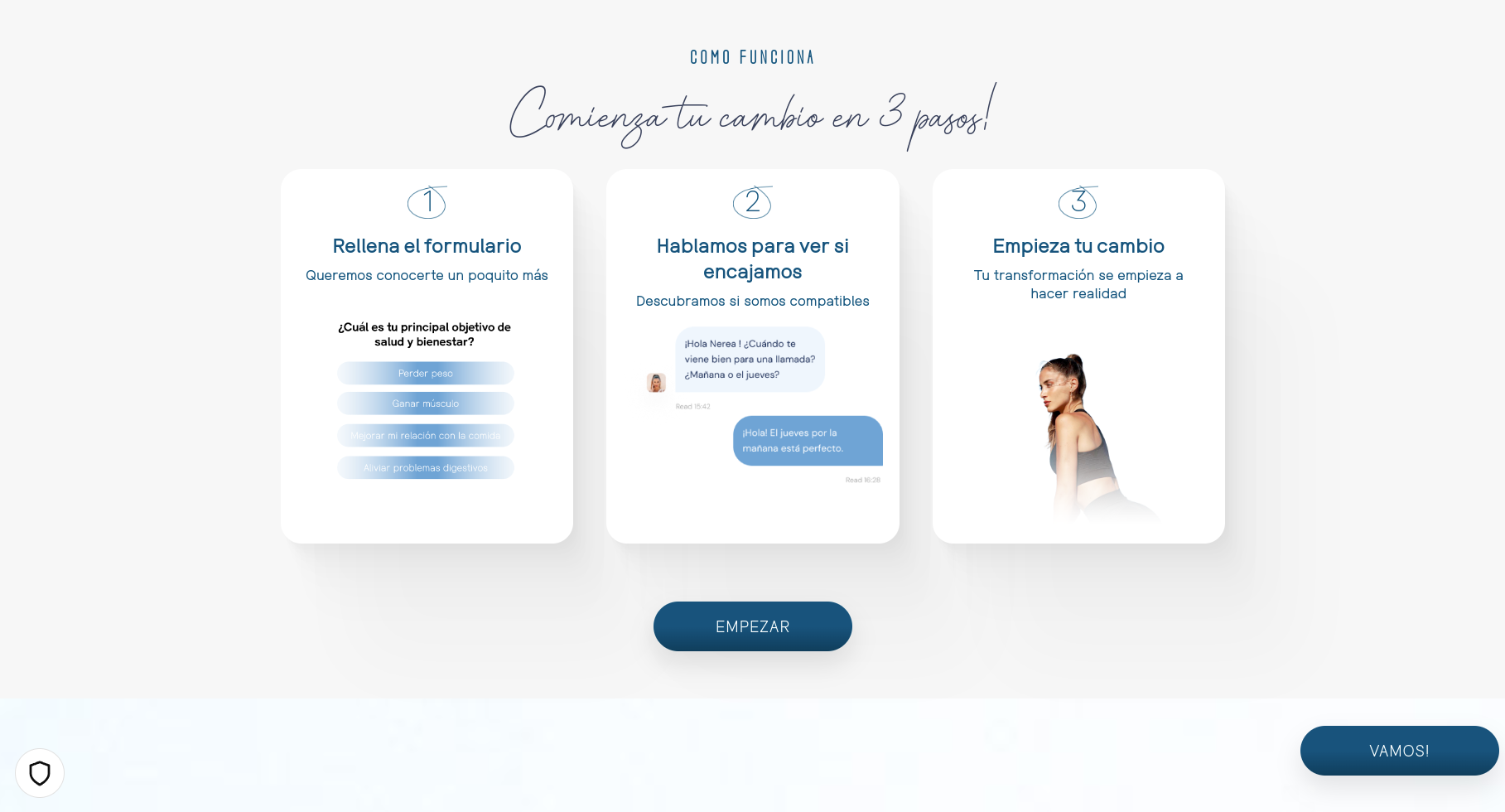 this is a website for a fitness and wellness program that helps people transform their lives. the image features three steps to get started: 1) fill out a questionnaire to learn about the user's goals and interests, 2) schedule a call to discuss compatibility, and 3) start the transformation process.