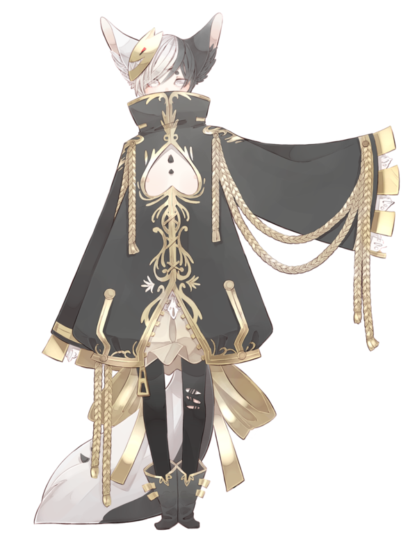 this is a digital illustration of an animestyle male character with white and black wolf or fox ears and a long, flowing black and gold cape with a crown on his head. he has white and grey hair. he is wearing a longsleeved black and gold shirt and black pants with black boots.