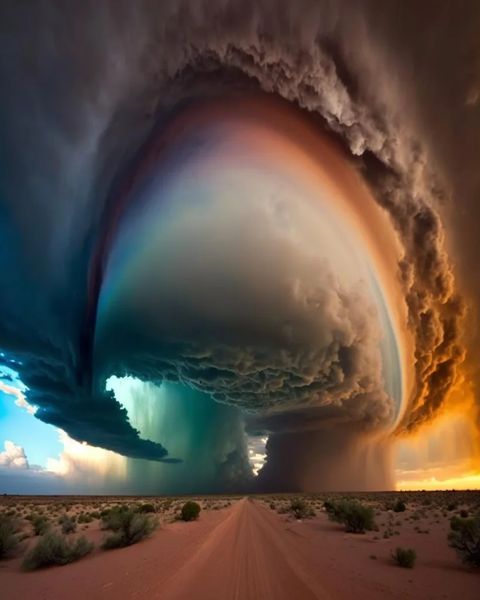this image captures a dramatic and aweinspiring scene of a storm cloud formation in the desert. the massive, dark clouds create a powerful, ominous presence, while a hint of rainbow peeks out from behind, creating a mesmerizing contrast. a lone road stretches out into the distance, leading towards the approaching storm. the vastness of the desert landscape adds to the sense of grandeur and power of nature.