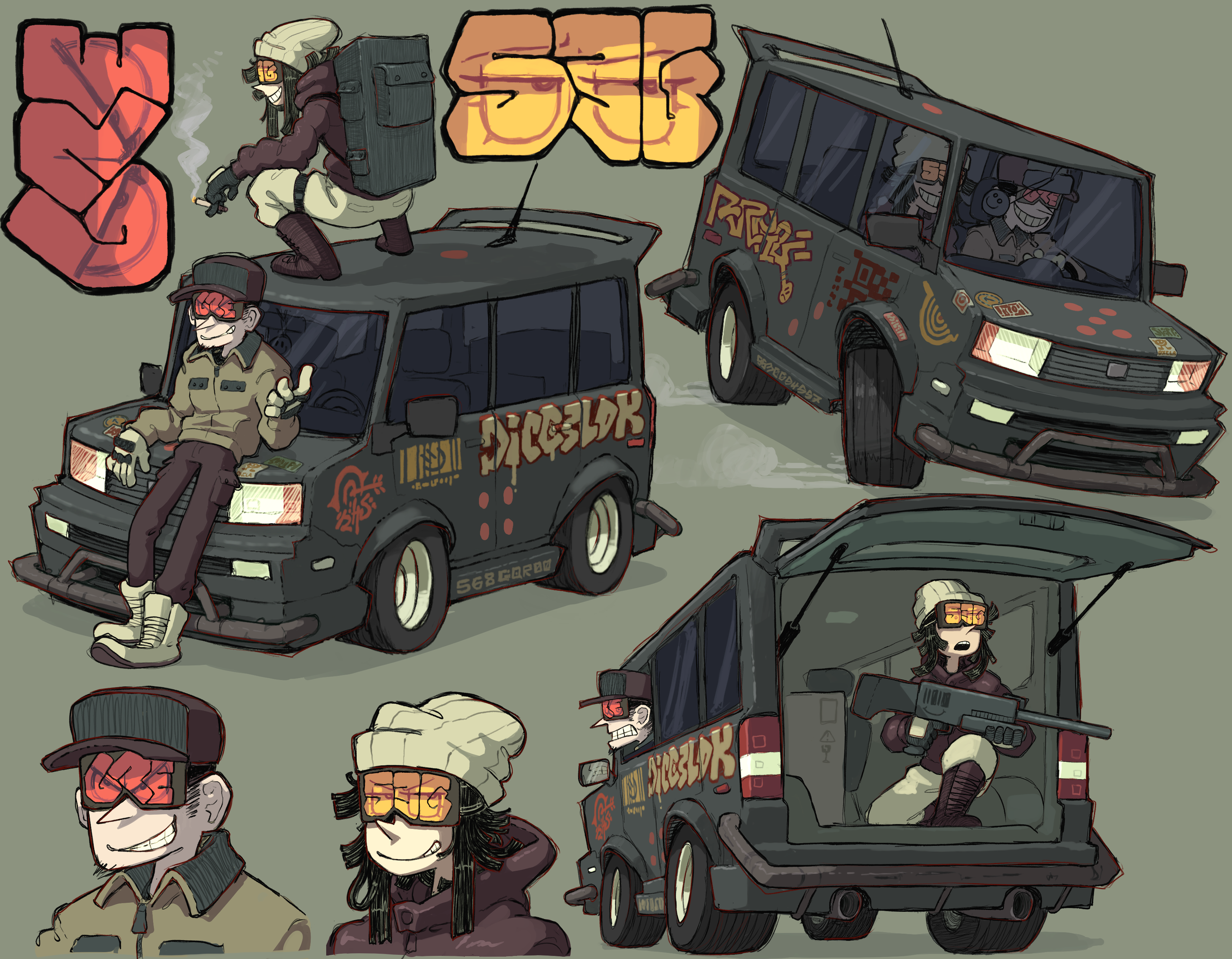 a character design sheet featuring four stylized characters and their customized van. the characters have a cyberpunk, postapocalyptic aesthetic, with beanies, goggles, and casual clothing. their van is heavily modified with extra wheels, a roof rack, and graffiti. the overall color scheme is muted with browns, grays, and pops of yellow.