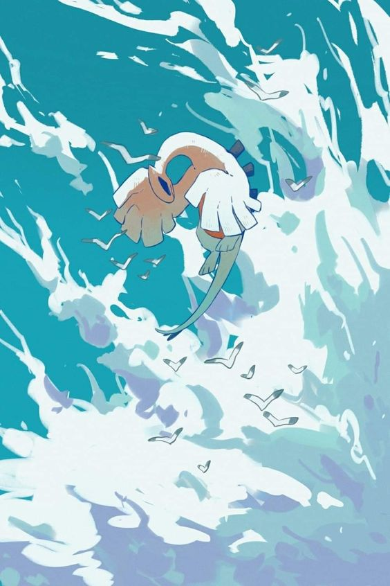 a pokemon named mantine is flying over a breaking wave with some seagulls following behind.