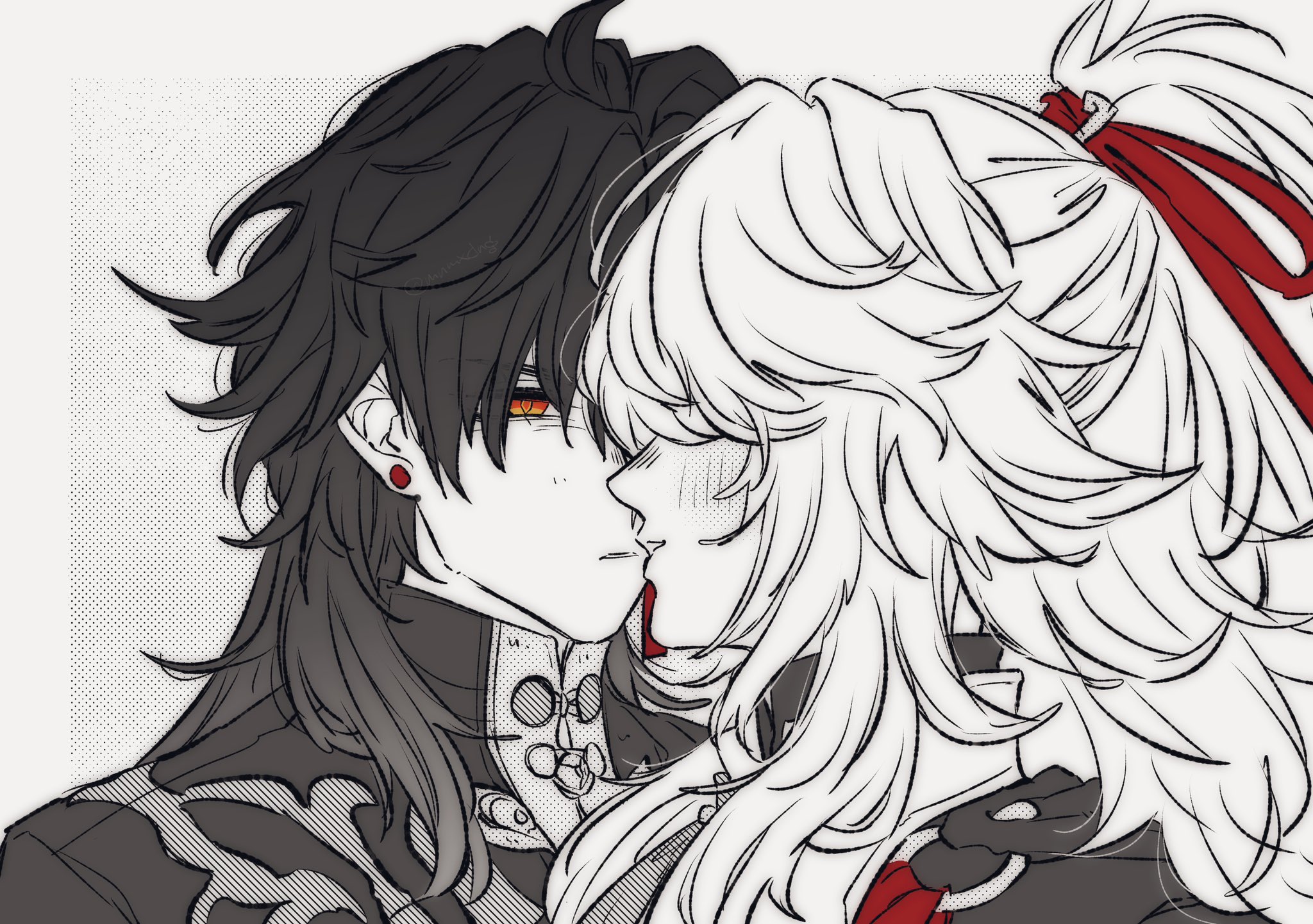 this is a closeup drawing of an anime couple. the man has black hair and red eyes, while the woman has white hair and