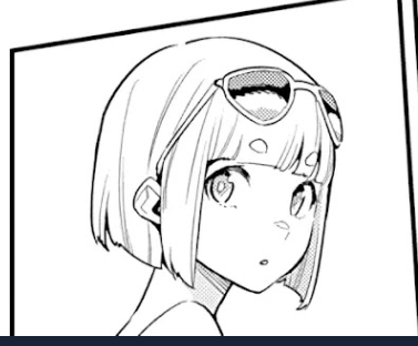 a black and white drawing of an anime girl with short hair and sunglasses smiling. she is wearing a casual outfit.