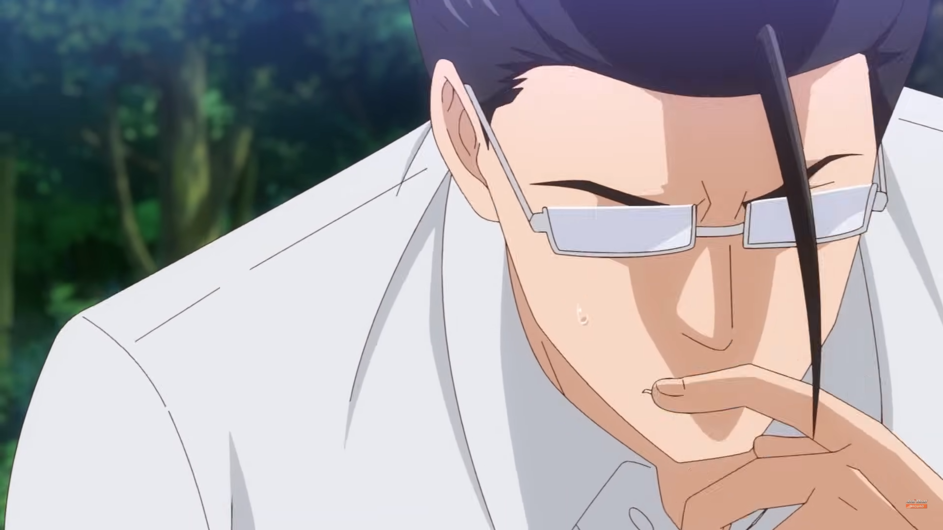 a closeup of an adult anime man with dark hair and rectangular glasses. he appears to be deep in thought, with his hand on his chin and a bead of sweat visible on his face. he wears a white collared shirt and the background suggests he is outdoors, likely in a forested area, with soft lighting.