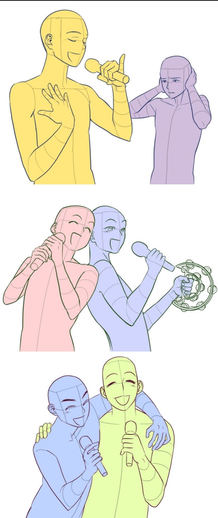this image shows four different drawing bases that are ideal for creating your own art. each base is of a person with different poses that depict singing. this is useful for artists of all levels and can be used to practice drawing.