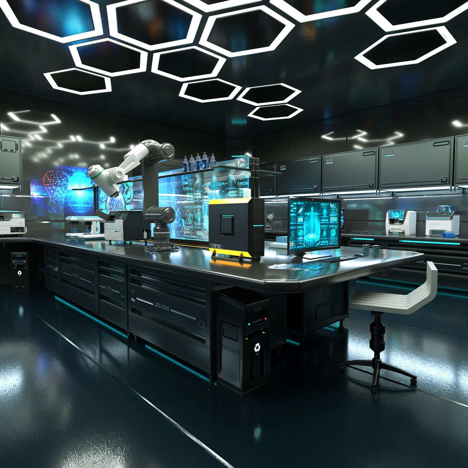 a futuristic laboratory with a sleek, modern design. the room is filled with hightech equipment, including a robotic arm and a computer with a glowing blue monitor. the lab has a sterile, clean feel and is perfect for conducting cuttingedge research.  the image has a scifi aesthetic and evokes a sense of wonder and excitement.