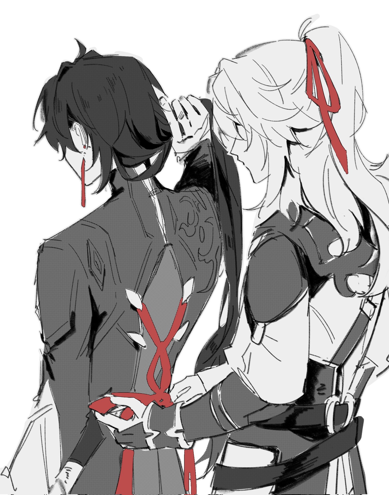 a black and white illustration of two anime characters, a male with long black hair and a female with long blonde hair.  the female is tying a red ribbon around the male's waist. they stand back to back,  with both characters looking into each other's eyes, implying a romantic relationship.  the illustration is done in a sketchy style.