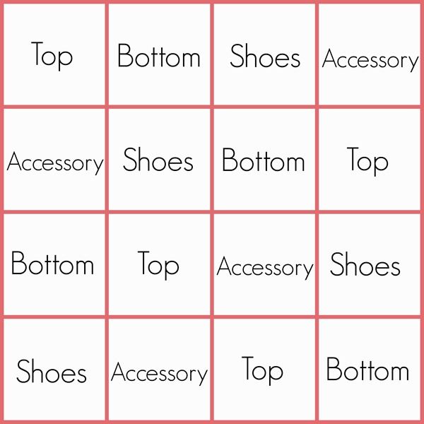 the image shows a bingo card containing clothing item words: top, bottom, shoes, and accessory. the card is a 4x4 grid with a pink background and lines. each square has one clothing item word in black text.