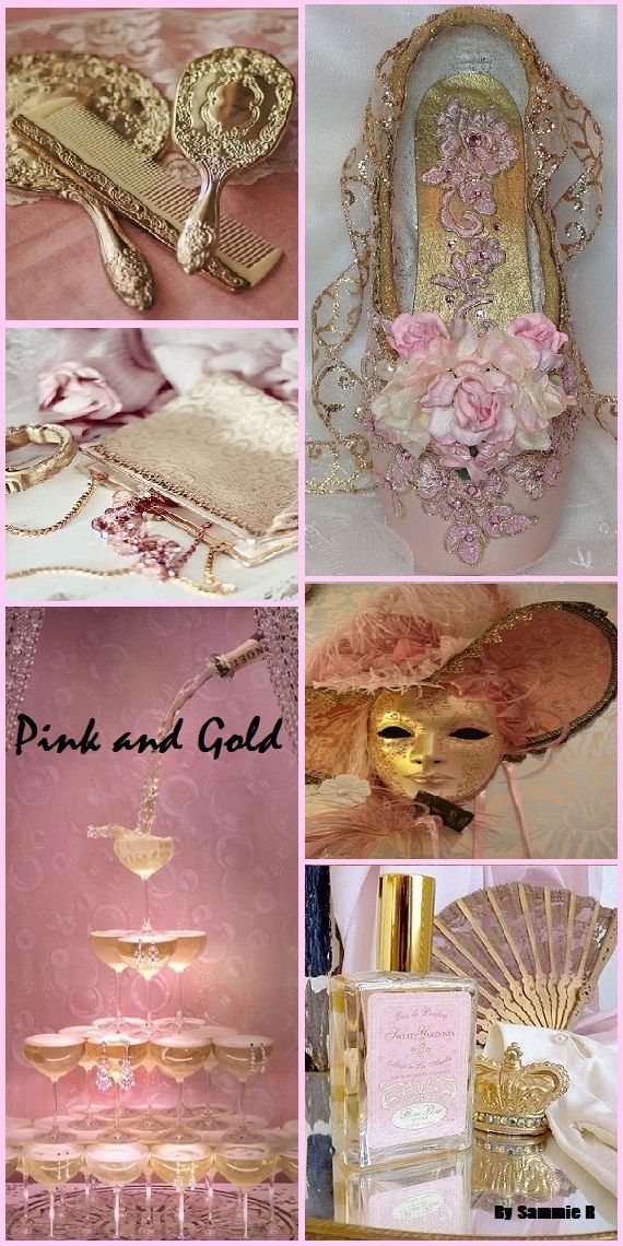 a collage of images that are pink and gold. the collage includes a vintage comb and hand mirror, a ballet slipper, a masquerade mask, a perfume bottle, champagne flutes, a clutch, and jewelry.