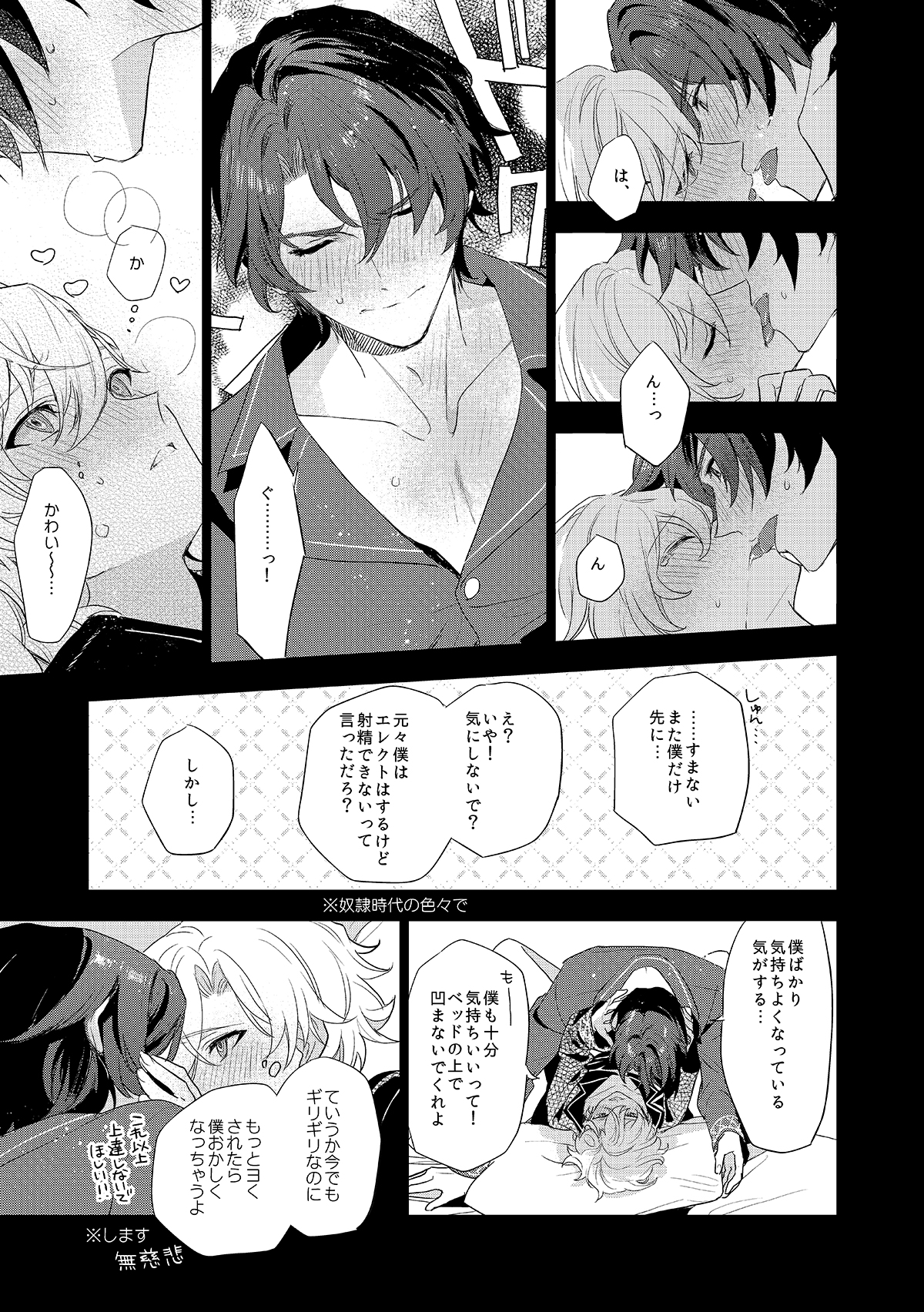 he image is a collection of manga panels depicting a romantic and intimate scene between two young men. the panels show various stages of affection, from subtle glances and blushing to passionate kissing and cuddling. the style is characteristic of yaoi manga, with a focus on emotional expression and suggestive poses. the dialogue bubbles reveal their conversation, hinting at a complex relationship with power dynamics and unspoken desires. the overall tone is sensual and dramatic, with a dark and moody atmosphere. the panels are arranged in a sequence, building the narrative and creating a sense of anticipation and suspense.  the text is in japanese.
