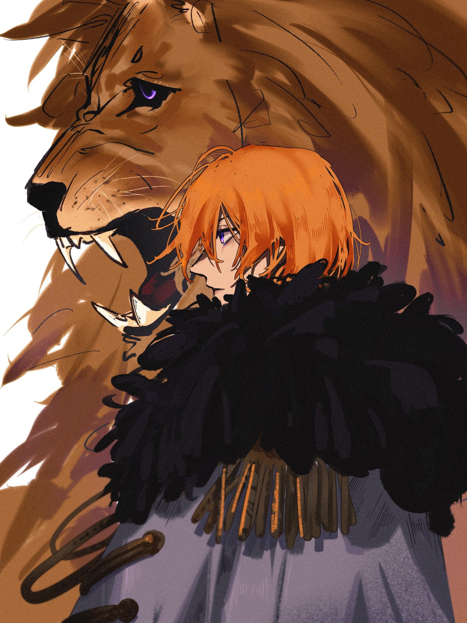 an illustration of a young anime character, possibly male, with orange hair and purple eyes.  he is standing next to a lion with brown fur, the lion's face is mostly visible, it has menacingly sharp teeth and purple eyes.  the character is wearing a black fur cloak and appears to be a warrior or king. the background is a blurry brown color.