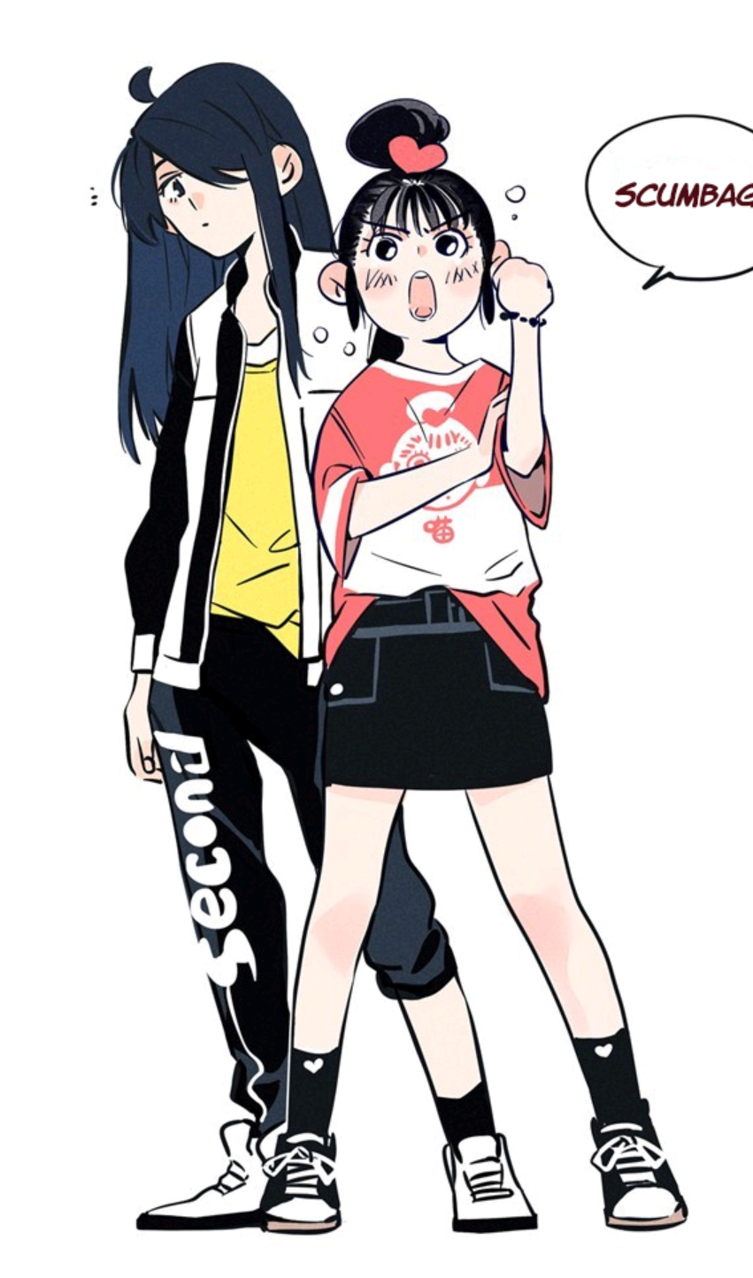 an image shows two mangastyle girls. the girl on the left has long dark hair, a yellow shirt, a black and white jacket, and black pants with "second" written on the side. the girl on the right has a bun styled like a heart, a red and white tshirt, a black skirt, and speaks the word "scumbag" in a speech bubble. both girls wear sneakers and black socks with hearts on them.