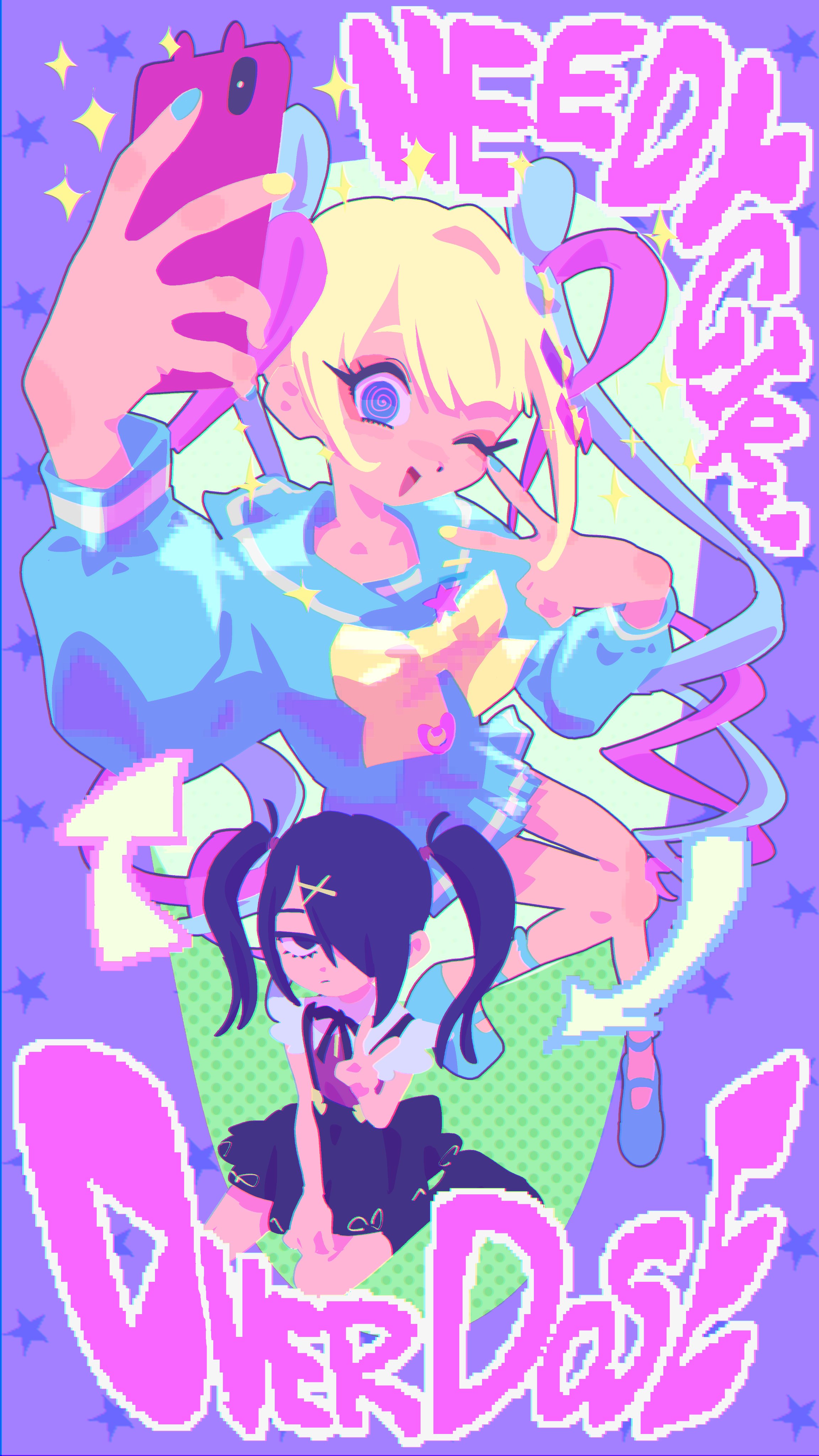 the image features two animestyle girls in a pixel art style. the background is a vibrant purple with pink and green accents. the text "need a sugar overdose" is overlaid on the image in pink and white. the top girl is taking a selfie with a pink phone and is winking, while the bottom girl stands with a neutral expression. both girls are dressed in colorful outfits and have distinct hairstyles.