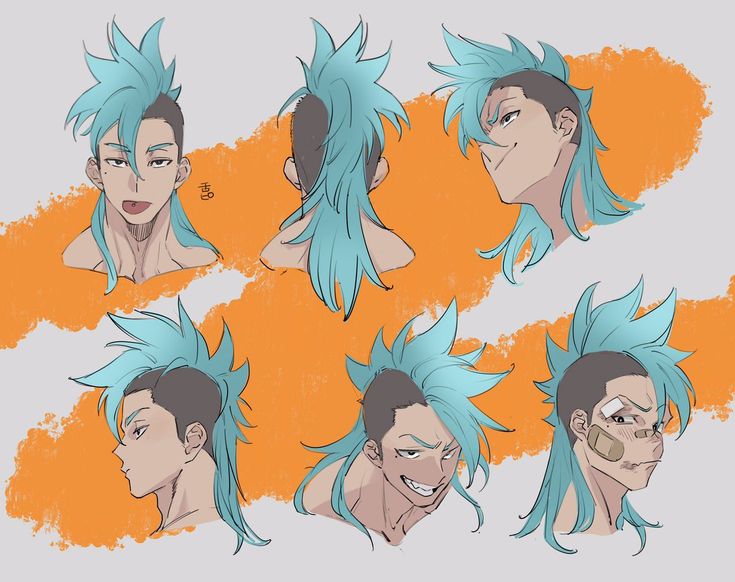 the image presents a character design sheet for a young male anime/manga character. the character is depicted from several angles and with various facial expressions.  his most striking feature is his teal or turquoise mohawk hairstyle. the art style is relatively loose and sketchy, suggesting a concept art phase rather than a finished piece. the background is a simple orange wash, keeping the focus on the character. the different views give a comprehensive look at the character's features and potential portrayals.  one version shows the character with a bandage on his face, adding another layer to his possible narrative or personality.