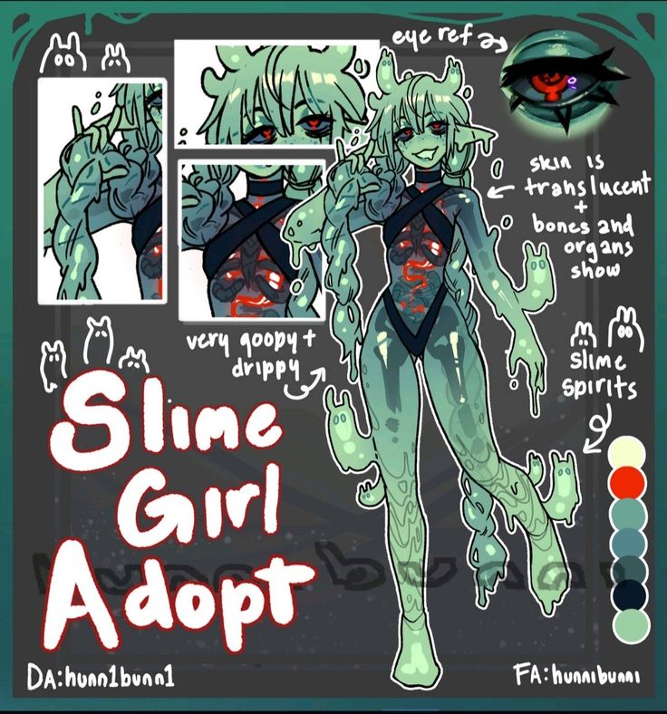 this is a digital illustration of a slime girl character design for adoption. the character is drawn in an anime style with green skin, dripping slime, and translucent features that show her bones and organs. the image is labeled with details about the character's design, including their eye reference, skin texture, and the slime spirits that surround them.  there are also details about the creator and how to contact them for the adoption.