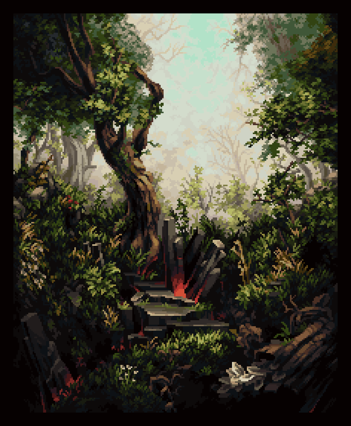 a pixel art image depicting a dark and overgrown forest scene. there are stone steps leading up towards a mysterious light in the background, with a red glow emanating from the stones. trees and foliage surround the steps, giving the scene a sense of mystery and adventure.