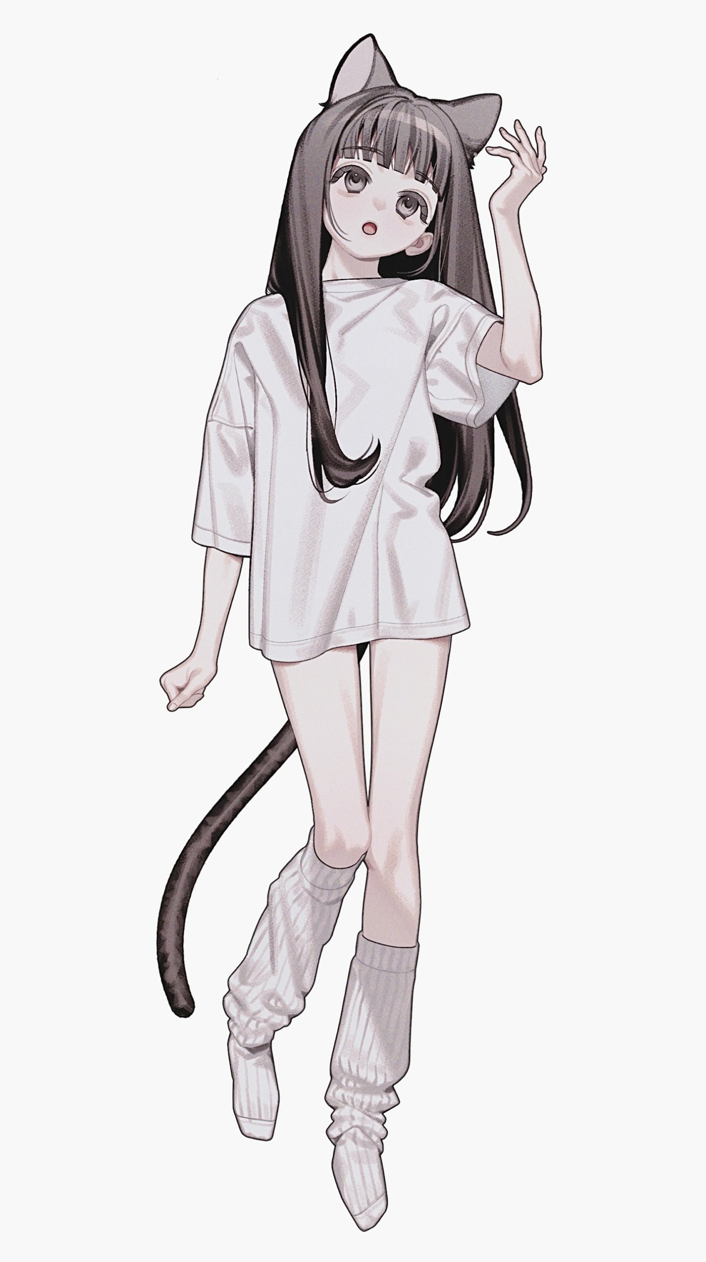 the image is a digital illustration of a cute anime girl. she has long brown hair, cat ears, and is wearing an oversized white tshirt and long white socks.  she's depicted in a relaxed pose, with one hand raised. the style is soft and slightly muted in color. the background is plain white, making the girl the clear focal point of the image.