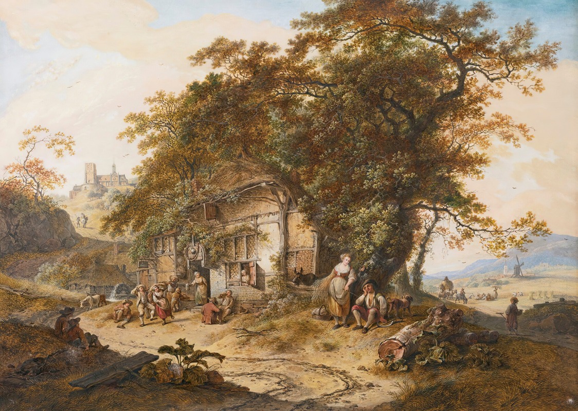 the painting depicts a lively rural scene with numerous figures engaged in various activities around a rustic cottage. the cottage is partially shaded by a large, leafy tree, with figures near the entrance, some conversing and others seemingly dancing. a woman and a man sit beside a log, accompanied by dogs. in the background, a church stands atop a hill, and a mill is visible in the distance amidst a harvested field. the painting is rendered in soft colors, suggesting a tranquil and idyllic countryside setting.