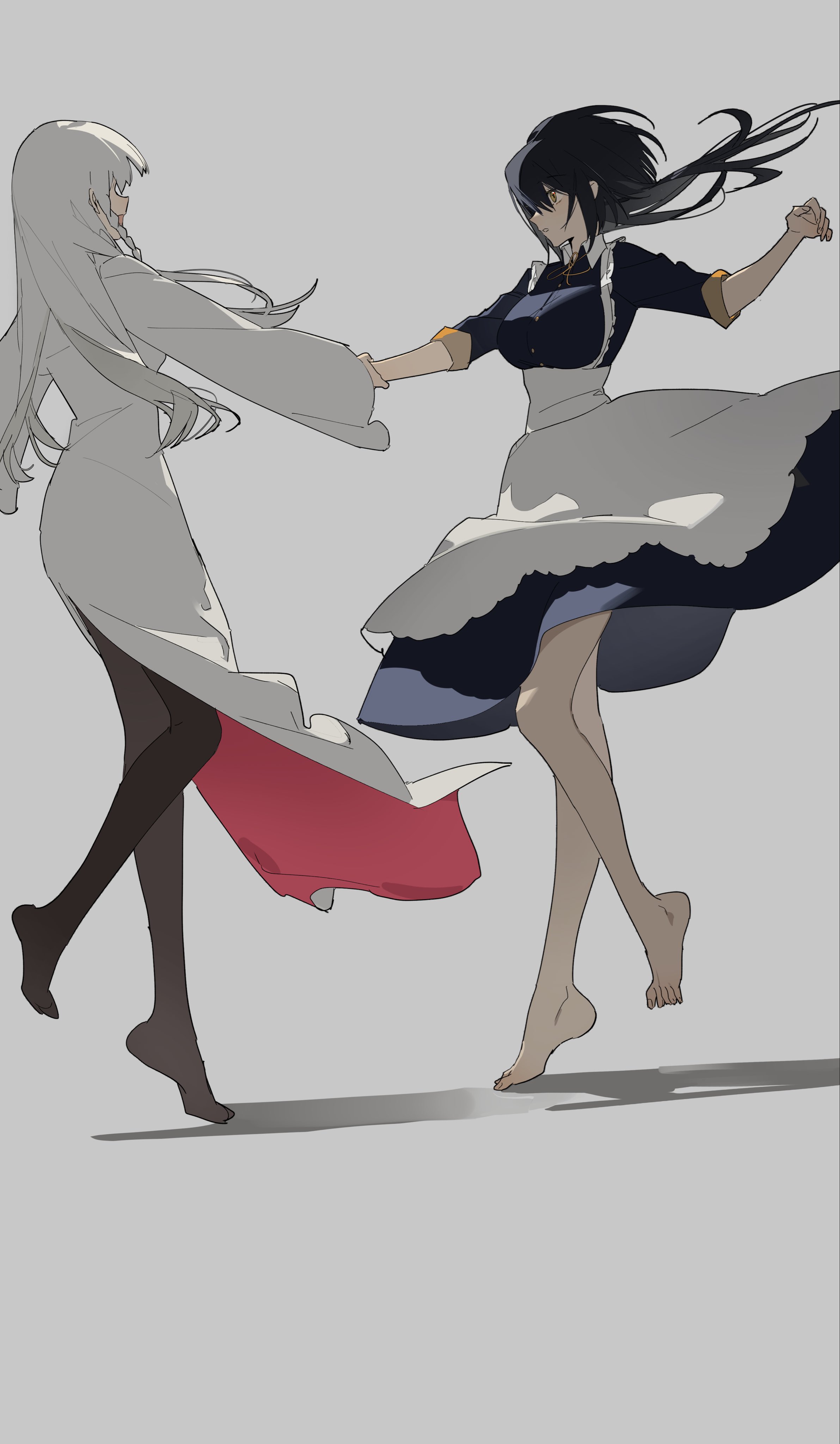 he image is a digital illustration of two anime girls dancing together. one girl has long white hair and is wearing a long white dress with a red underlayer. the other girl has long black hair and is wearing a dark blue and white maid dress. they are holding hands and their dresses flow around them as they dance. the background is a light grey. the style is elegant and graceful.