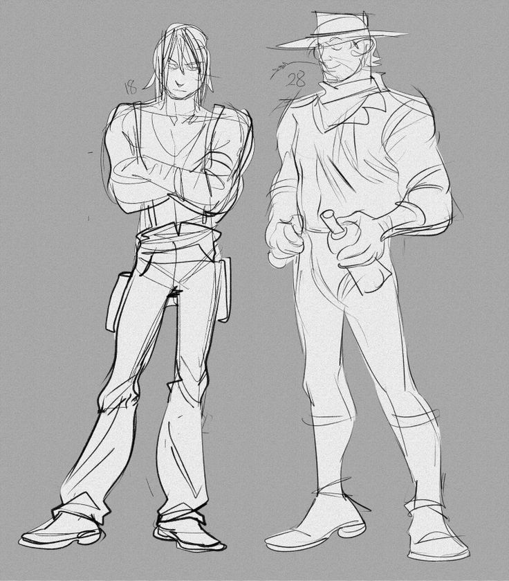 a sketch of two cowboys. the one on the left is standing with his arms crossed. the cowboy on the right is standing with his arms by his sides, holding a gun in his right hand. both cowboys are wearing hats, bandanas, boots, and holsters.