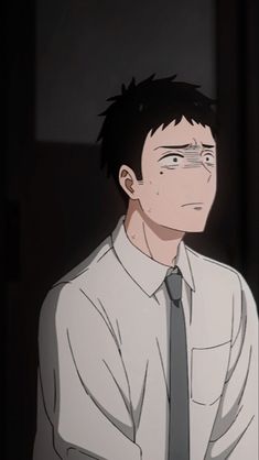 the image features a young man with short, dark hair and dark eyes, portrayed in an anime style. he wears a white dress shirt and a darkcolored tie. his expression suggests a mixture of confusion and surprise. the background is dark and nondescript, drawing attention to the character's expression.