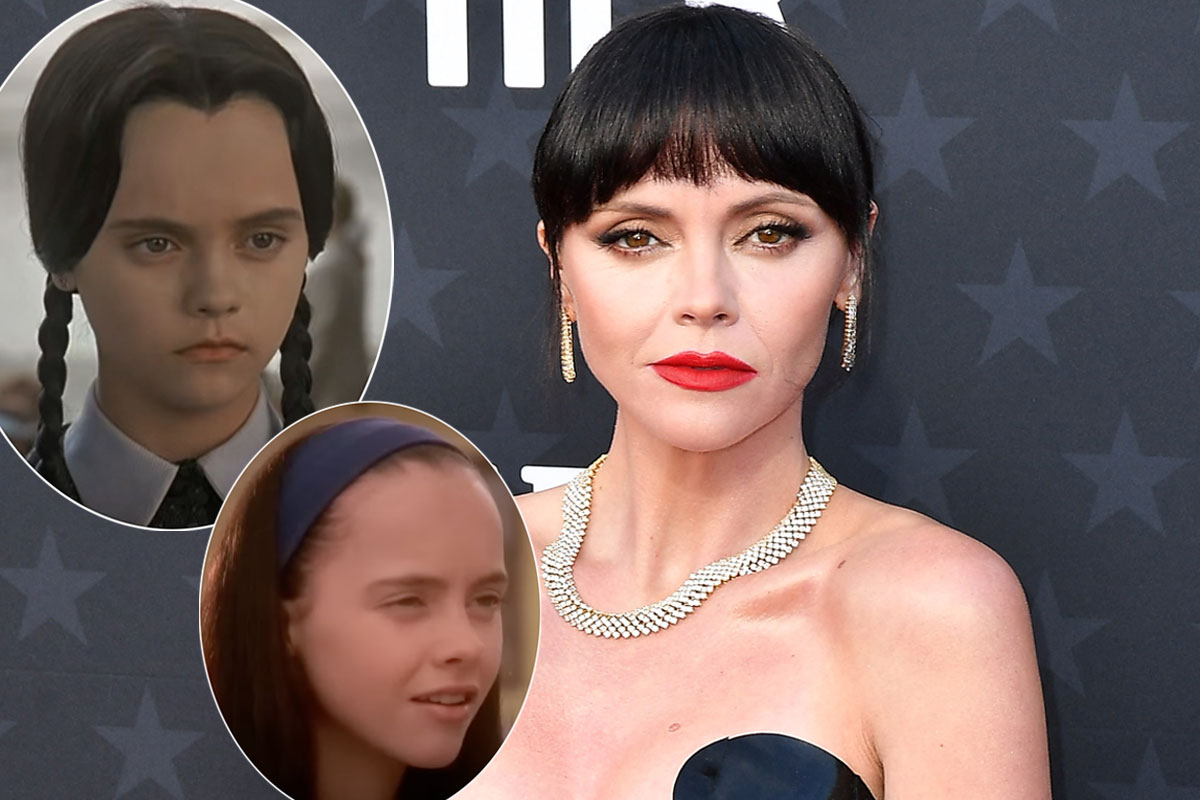 the image is a collage featuring christina ricci at three different ages.  the top left shows her as a child playing wednesday addams in the addams family movies, characterized by her dark hair in braids and pale complexion.  the bottom left shows a similar image of christina ricci, slightly older but still appearing as a child actress.  the central and dominant image is a current photo of christina ricci as an adult, at a red carpet event, displaying a different hairstyle with bangs and a more glamorous makeup and attire.  the background of the central image is a dark, patterned backdrop typical of redcarpet events.  the overall image is a visual comparison showcasing christina ricci's transformation from her iconic childstar role to her current adult appearance.