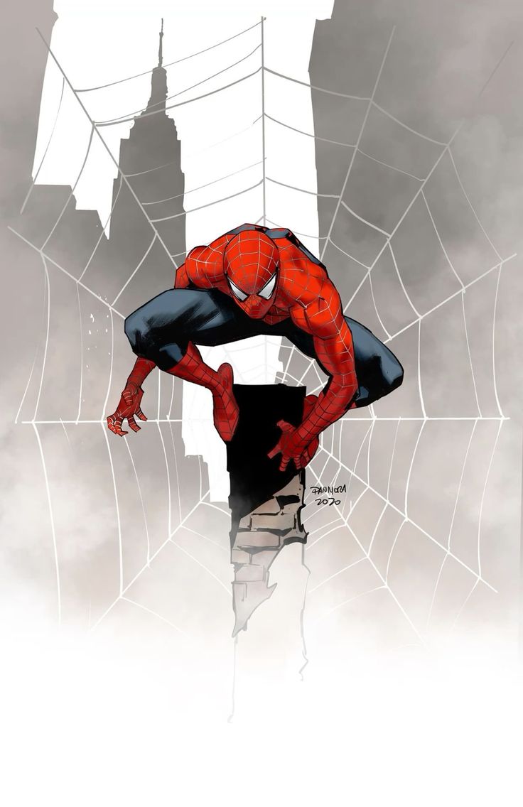 spiderman in his iconic red and blue suit stands on a wall in a city with skyscrapers in the background, the fog around him suggests a mysterious and dangerous situation.