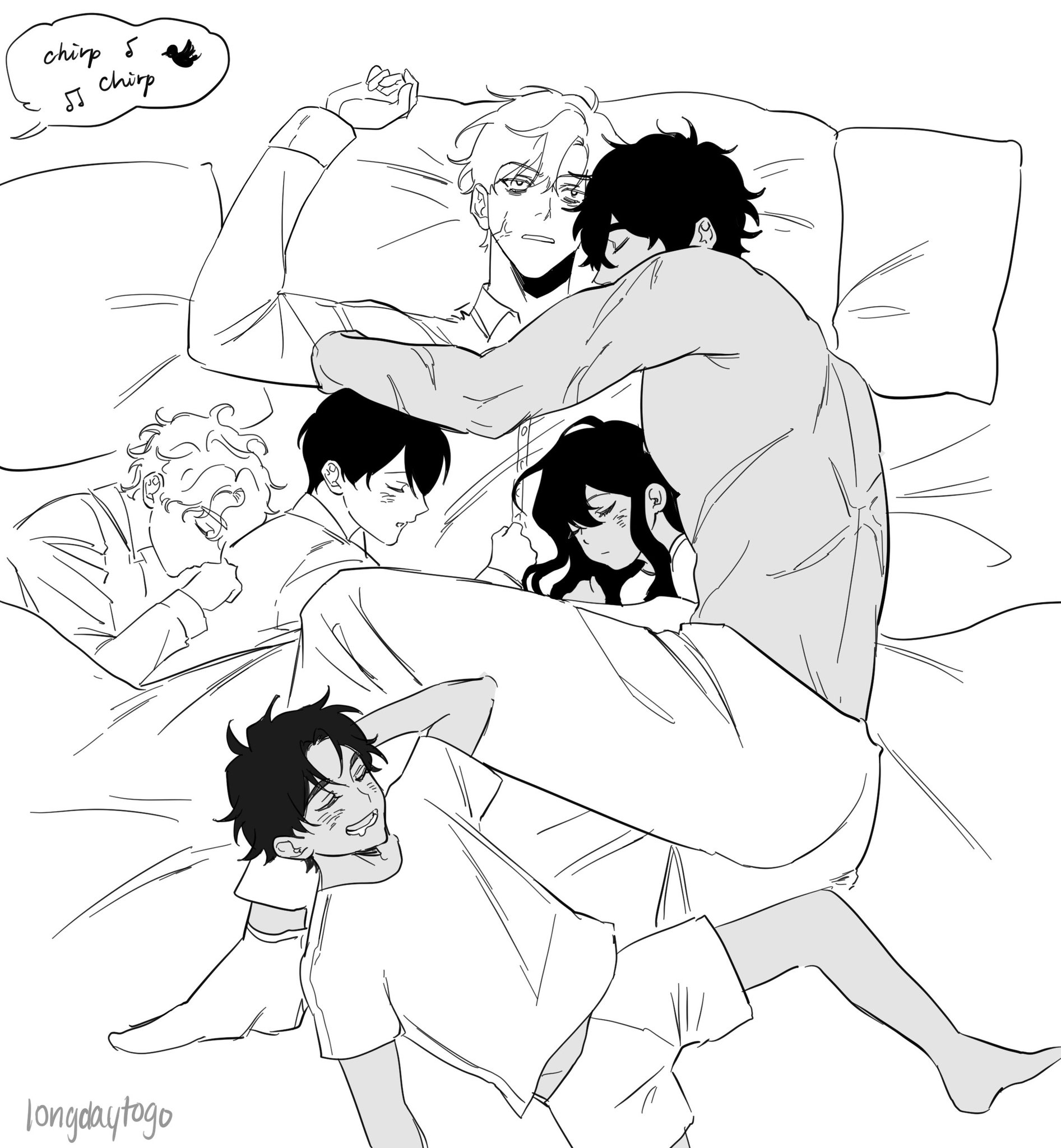 the image is a black and white drawing in an anime/manga style.  it depicts five young men piled together asleep in a bed. they are cuddled closely, displaying a sense of intimacy and comfort.  one of the figures is partially on top of the others, with arms draped around various individuals.  one of them is lying on their side, partially buried under the others. the overall style is relaxed and peaceful, enhanced by a small speech bubble depicting birds chirping in the upper left corner. the figures are all drawn with expressive features and soft lines. the background is minimal, focusing attention on the figures in the bed. the art style suggests a possible "boys love" (bl) context due to the close proximity and affectionate positioning of the individuals.