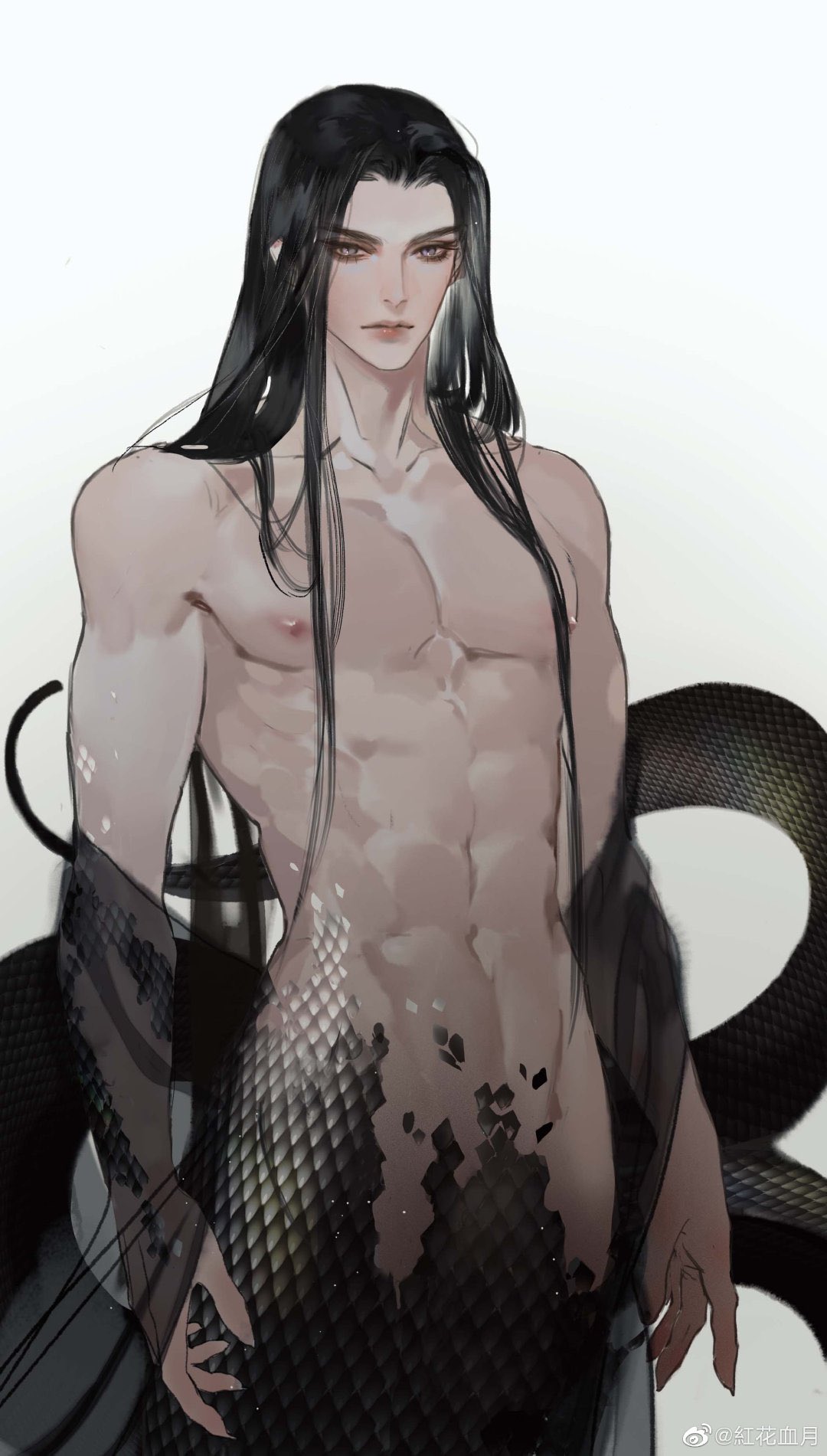 the image showcases a digital painting of a mythical creature, likely a snake demon or spirit, depicted as a young man with a toned physique. his lower body transitions into a snake's tail covered in dark, intricate scales. he has long, flowing black hair, piercing eyes, and pale skin. the lighting is soft and ethereal, highlighting the details of his muscular build and the texture of his snakelike features.