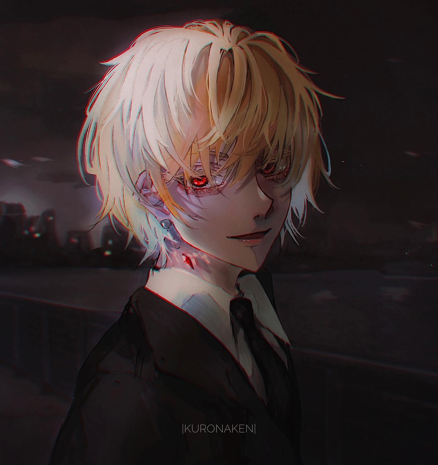 the image is a digital painting or illustration in an anime style. it depicts a young man with blond hair styled in a short, slightly messy cut. his eyes are a striking crimson red, and his skin appears pale with what looks like blood or wounds around his neck and possibly face.  he's dressed in a dark suit and tie, giving him a somewhat formal yet unsettling appearance. the background is a blurred cityscape at night, contributing to a mysterious and dark atmosphere. the overall style is dark and moody, suggestive of a character from a dark fantasy or horrorthemed anime or manga. the artist's signature, "ikuronakeni," is visible in the bottom center.
