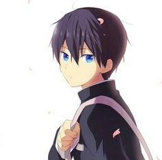 a digital drawing of an anime boy with black hair and blue eyes. he is wearing a black school uniform with a white shirt underneath. he is also wearing a backpack. the background is white. he appears to be looking at something to the left of the viewer.