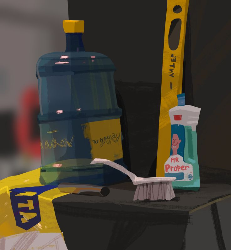 this is a still life image featuring a collection of household objects arranged on a dark surface. the objects include a large blue water bottle, a yellow and white level, a bottle of cleaning product with a cartoon person on the label, a white scrub brush, and a yellow and black towel. the scene is lit with soft lighting, creating a muted and realistic atmosphere. the perspective is slightly from above, offering a clear view of the objects' arrangement.