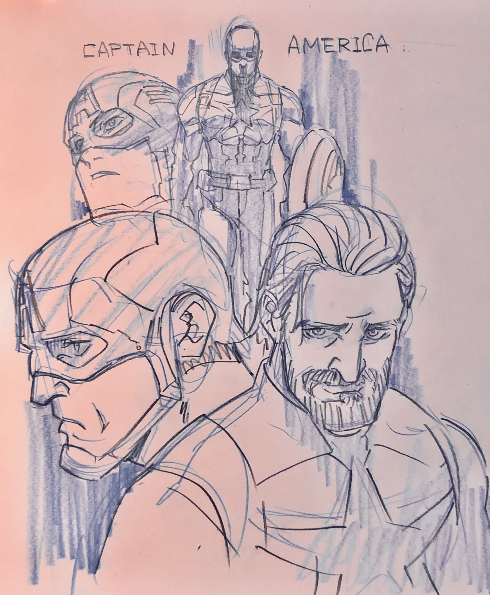 this is a sketch depicting four different versions of the comic book character captain america, likely representing different iterations or ages of the character. all four figures are shown from the chest up and are facing slightly to the left. the style is loose and expressive, characteristic of concept art or character design.