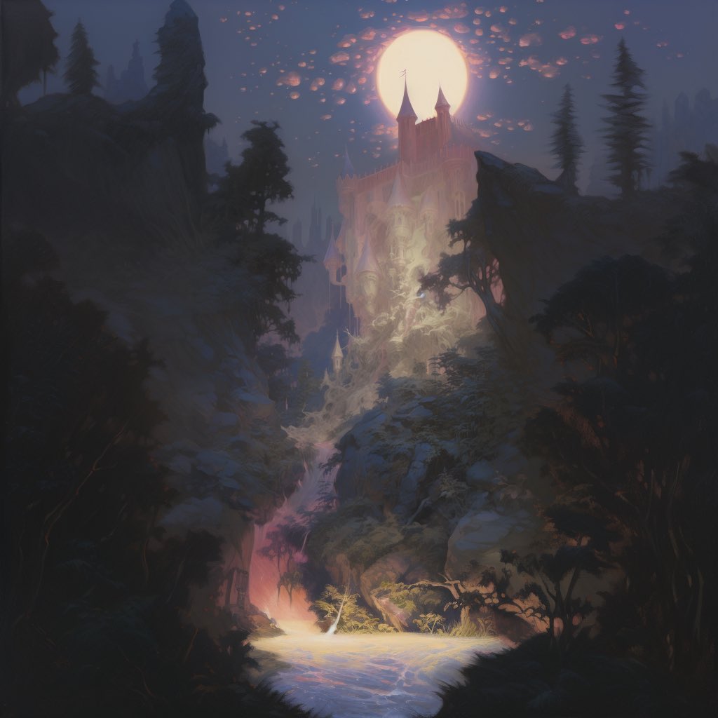 a painting of a majestic castle perched atop a sheer cliff face, bathed in the ethereal glow of a full moon. a river flows through a forest in the foreground, leading the viewer's eye towards the castle. the overall atmosphere is one of enchantment and wonder.