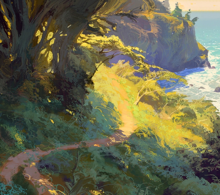 the image is a digital painting or illustration depicting a scenic coastal path.  a winding trail leads from under a canopy of dark, overhanging trees down towards a rocky coastline where the ocean meets the land. the path is bathed in sunlight, which highlights the yellow and green hues of the vegetation. the cliffs are dark and textured, contrasting with the bright colors of the foreground. the overall style is impressionistic, with loose brushstrokes conveying a sense of movement and light. the scene evokes a feeling of tranquility and natural beauty.