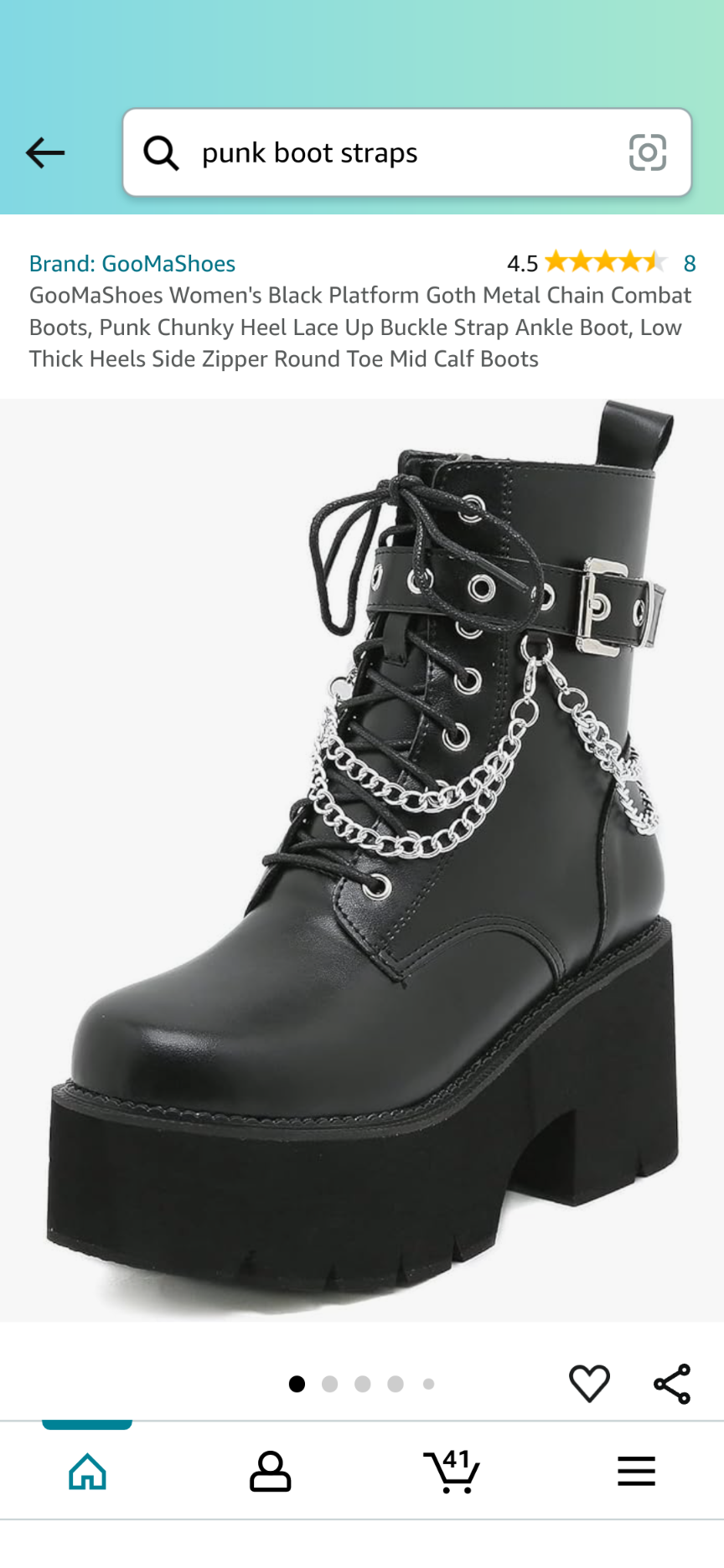this is a photo of a black pair of women's punk boots. the boots are made of leather and have a chunky heel, laceup closure, buckle strap, side zipper, round toe, and metal chain accents. they are a platform boot style and reach midcalf.