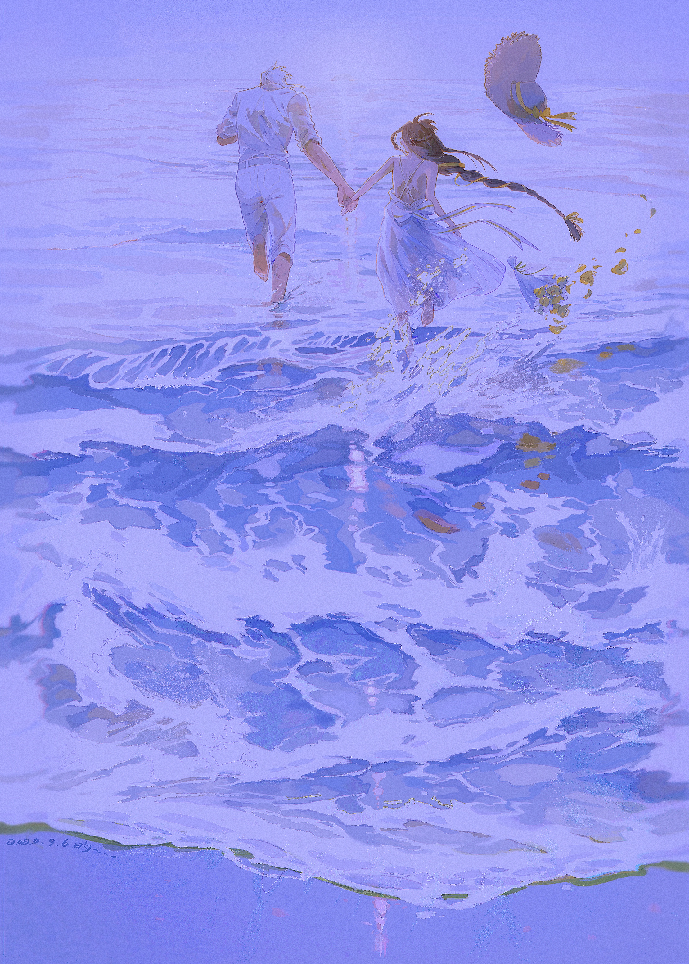 a painting of a couple walking along the shoreline of a beach as the sun sets and the sky and sea turn shades of purple and blue. the man has on a white outfit and the woman has a flowing white dress. they are holding hands and running towards the viewer, their figures somewhat obscured by the large wave in front of them. the painting is done in a whimsical style with soft, faded colors and flowing lines.